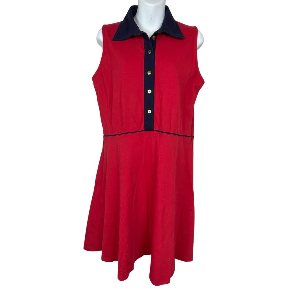 Duffield Lane Sleeveless Pique Dress Size L –‎ Red with Blue Trim, Active Fit